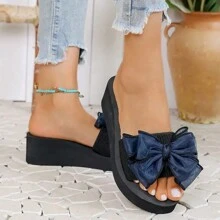 Women's Solid Color Sandals, Bowknot Decor Slip On Platform Beach Slides, Non-Slip Vacation Wedge Slides