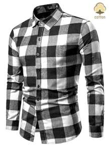 男士格子休闲长袖衬衫 - 黑與白 - 查看 1