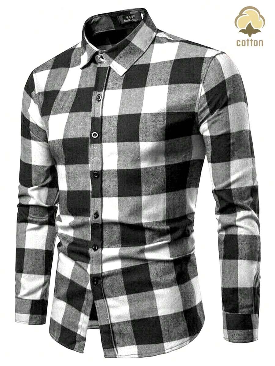 男士格子休闲长袖衬衫 - 黑與白 - 查看 1
