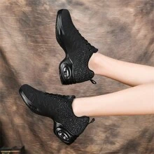 Sapatos de Dança Femininos, Sapatos de Dança Quadrada com Malha Respirável, Sapatos de Fitness com Sola Macia e Fashionável para Ioga, Sapatos de Dança com Cadarço para Todas as Estações