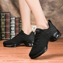 Sapatos de Dança Femininos, Sapatos de Dança Quadrada com Malha Respirável, Sapatos de Fitness com Sola Macia e Fashionável para Ioga, Sapatos de Dança com Cadarço para Todas as Estações