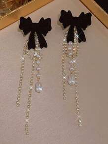 两件套：黑色蝴蝶结仿珍珠吊坠耳环，奢华水晶流苏链耳环，优雅长款垂坠耳环，适合女性日常佩戴、派对、送礼及节日，情人节珠宝系列 - 彩色 - 查看 4