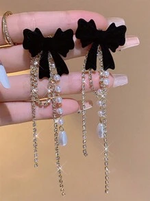 两件套：黑色蝴蝶结仿珍珠吊坠耳环，奢华水晶流苏链耳环，优雅长款垂坠耳环，适合女性日常佩戴、派对、送礼及节日，情人节珠宝系列 - 彩色 - 查看 2