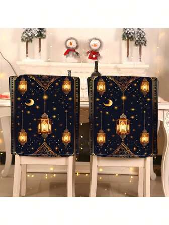 2/4/6 件亚麻椅套，休闲风格，带星星和月亮灯笼印花，仅可手洗，防污，缝合接缝，涤纶材料，适用于餐厅和客厅的节日装饰