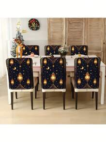 2/4/6 件亚麻椅套，休闲风格，带星星和月亮灯笼印花，仅可手洗，防污，缝合接缝，涤纶材料，适用于餐厅和客厅的节日装饰 - 彩色 - 查看 2
