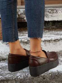 女士厚底坡跟鞋，黑色舒适一脚蹬高跟鞋 - 酒紅色 - 查看 7