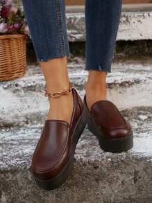 女士厚底坡跟鞋，黑色舒适一脚蹬高跟鞋 - 酒紅色 - 查看 6