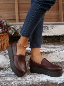 女士厚底坡跟鞋，黑色舒适一脚蹬高跟鞋 - 酒紅色 - 查看 1