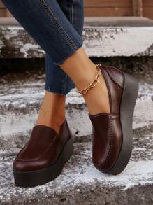 女士厚底坡跟鞋，黑色舒适一脚蹬高跟鞋 - 酒紅色 - 查看 5