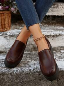 女士厚底坡跟鞋，黑色舒适一脚蹬高跟鞋 - 酒紅色 - 查看 3