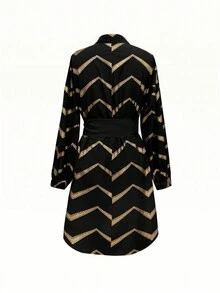 女士撞色随机箔波浪条纹印花衬衫裙，适合音乐节 - 黑色和金色 - 查看 3