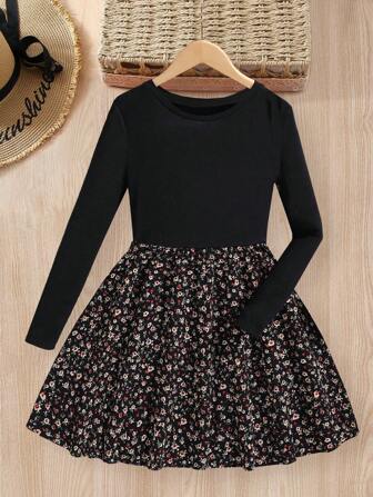 女童春秋连衣裙，新款设计纯色拼接花裙，休闲公主长袖圆领连衣裙，幼儿和小女孩