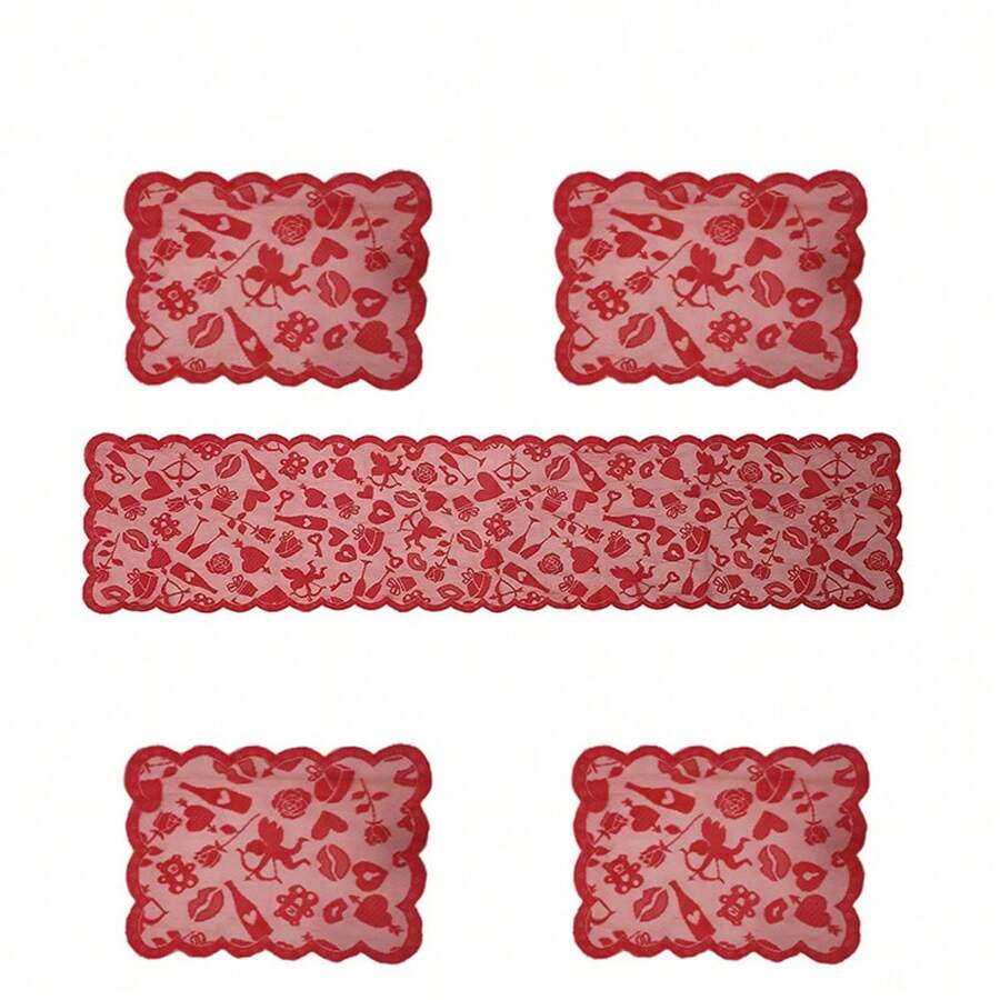 1 Set Valentine's Day Lace Table Decor, Restaurant Tablecloth, Valentine's Day Table Runner, Valentine's Day Tablecloth, Valentine's Day Decoration, Heart-Shaped Lace Table Decor, Home Dining Table Decor, Wedding, Anniversary, Home Decoration, Scene Decoration, Theme Party Decoration