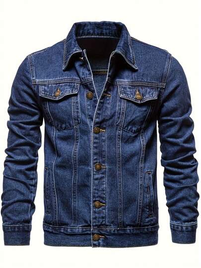 Men's New Front Button Long Sleeve Pocket Casual Simple Versatile Denim Jacket, For Fall