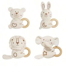 婴儿木制摇铃牙胶摇铃，婴儿发育手抓摇铃，柔软毛绒动物感官牙胶，适合 0-6 个月，新生儿蒙特梭利毛绒玩具，吱吱作响的感官旅行配件，柔软的质地和皱褶的声音，适合男婴、女婴的最佳新生儿圣诞新年礼物 - 彩色 - 查看 1