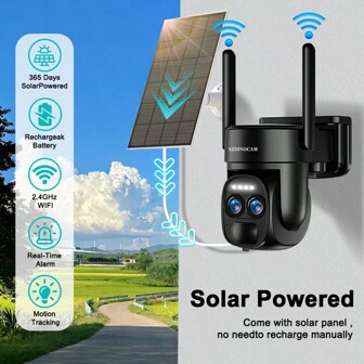 Nero-1PCS-telecamera di sorveglianza a 360 gradi a bassa potenza a batteria solare, connessione Wi-Fi, rilevamento del movimento, visione notturna a colori, audio bidirezionale e IP66 impermeabile, rilevamento del movimento umano intelligente e allarme push intelligente, telecamera per animali domestici con applicazione mobile, telecamera garage intelligente, guarda la tua famiglia / auto / animale domestico in qualsiasi momento, è un regalo adatto per ogni tipo di festa.
