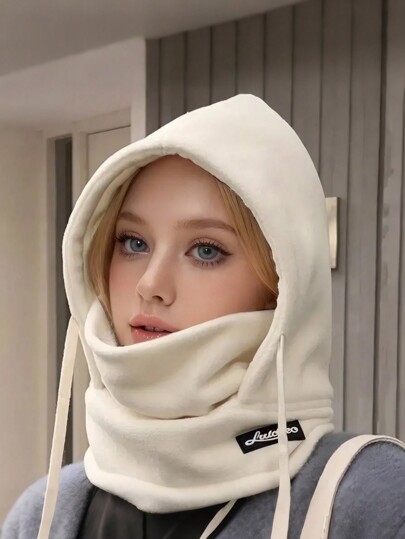 1pc Unisex Hat With Ear Warmer - Solid Color, Neck & Face Protection, High Gram Wool Lined Pullover Hood, Suitable For Outdoor Cycling, Casual Style, Drawstring Closure, Autumn/Winter Holiday Theme Warm Headwear