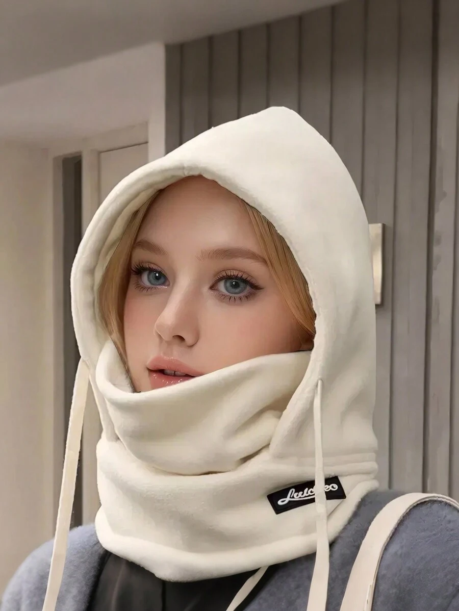 1 件男女通用帽子，带耳罩 - 纯色，颈部和面部保护，高克重羊毛衬里套头帽，适合户外骑行，休闲风格，抽绳闭合，秋冬假日主题保暖头饰