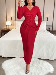 AIJ Amarilo 女士优雅缎面中长连衣裙，V 领扭结设计，适合日常生活、通勤、派对、聚会等各种场合，秋冬季款。