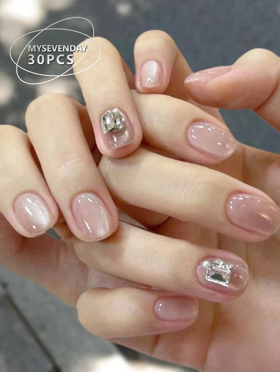 30片短款棺材形按压式假指甲，简约闪亮钻石，甜美酷炫法式女士指甲贴，指尖新时尚，附1片果冻胶和1片擦条，适合女性聚会舞会，日常休闲佩戴，可反复拆卸佩戴 - 彩色 - 查看 1