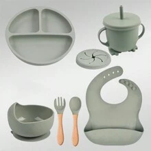Bộ đồ ăn bằng silicon 6 món cho bé: Bộ đồ ăn cho trẻ mới biết đi có đĩa hút, bát, yếm, nĩa và thìa, cốc có ống hút, an toàn cho trẻ từ 0-3 tuổi - Lý tưởng - Nhiều màu - Xem 13