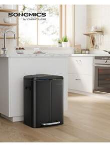 SONGMICS Double Rubbish Bin, 2 X 20L Kitchen Bin, Dual Compartment Metal Step Bin, With Plastic Inner Buckets, Soft-Close Lids, And Handles, Odour Seal, Black