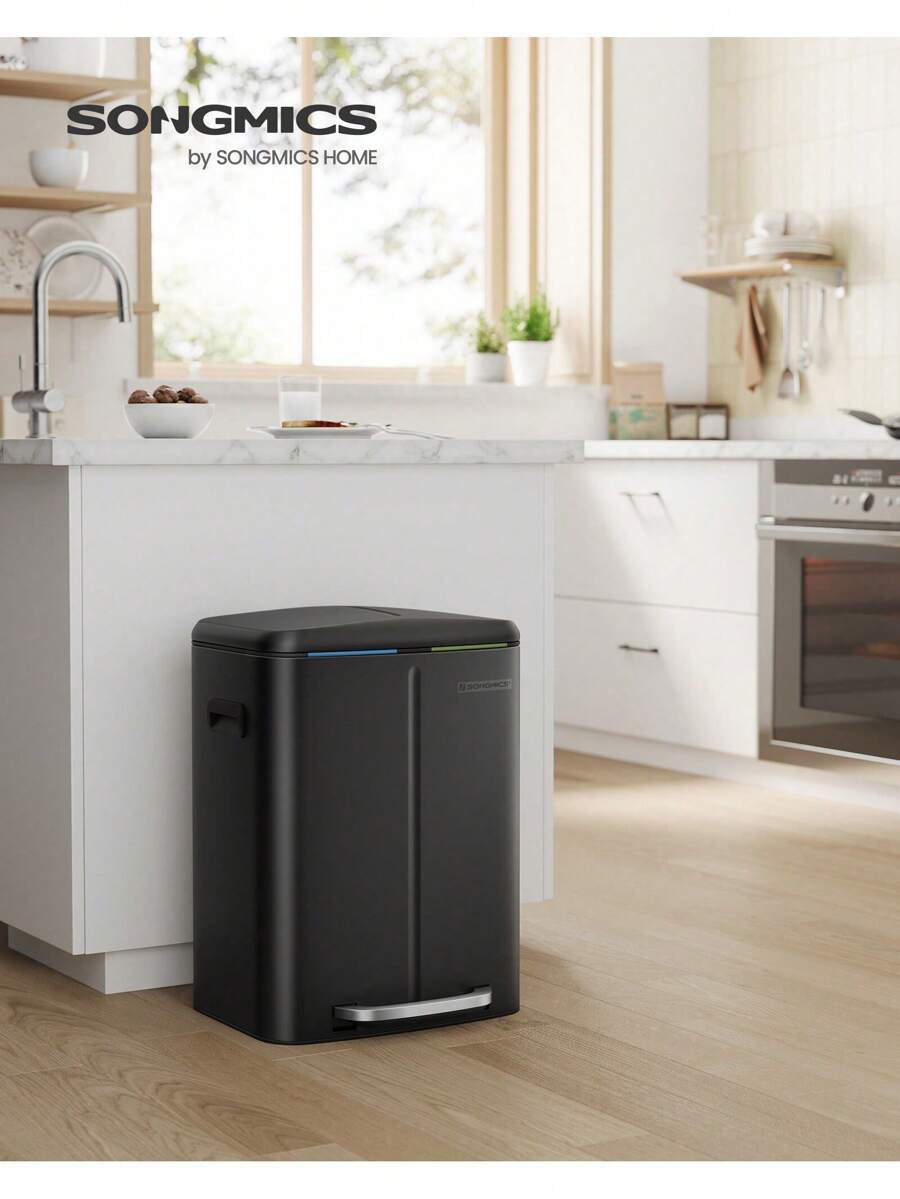 SONGMICS Double Rubbish Bin, 2 X 20L Kitchen Bin, Dual Compartment Metal Step Bin, With Plastic Inner Buckets, Soft-Close Lids, And Handles, Odour Seal, Black