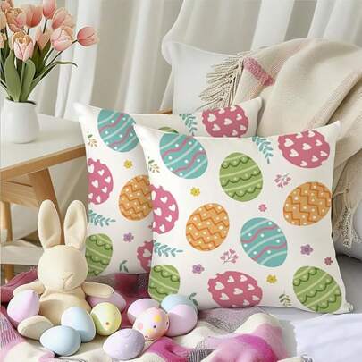 2 Pcs Easter Pillow Covers,Colorful Eggs Decor Throw Pillow Covers,Spring Farmhouse Holiday Decorations Pillow Cases Cushion For Sofa Home