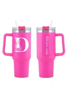 1 pezzo Borraccia personalizzata in acciaio inossidabile da 40 once con stampa di lettere dall'A alla Z, con cannuccia e coperchio, tazza da viaggio portatile per latte e caffè, regalo per vacanze, damigella d'onore, sposa, per famiglia e amici - Fucsia - Visualizzare 25