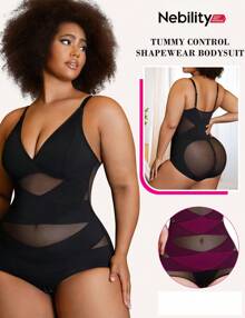 Nebility Plus Size Bodysuit Shapewear For Women Tummy Control Body Shaper Waist Trainer Butt Lifter V Neck Bra Jumpsuit Top - màu đen - Xem 3