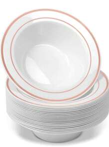 10/25 件 7.5 英寸和 4 英寸派对风格金边碗，可重复使用硬塑料 PS 沙拉、汤、酱汁、水果、甜点碗，适用于家庭、派对、婚礼、酒店使用 - 白色 - 查看 27