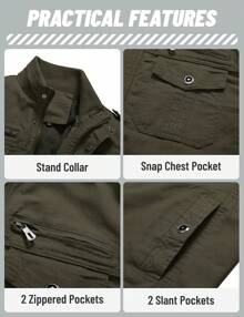 KEFITEVD Men's Military Lightweight Jacket Cargo Windbreaker Zip Front Stand Collar Cotton Jackets With Multi Pockets - xanh quân đội - Xem 4