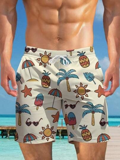 男士夏季 3D 图案夏威夷沙滩短裤，夏威夷风情