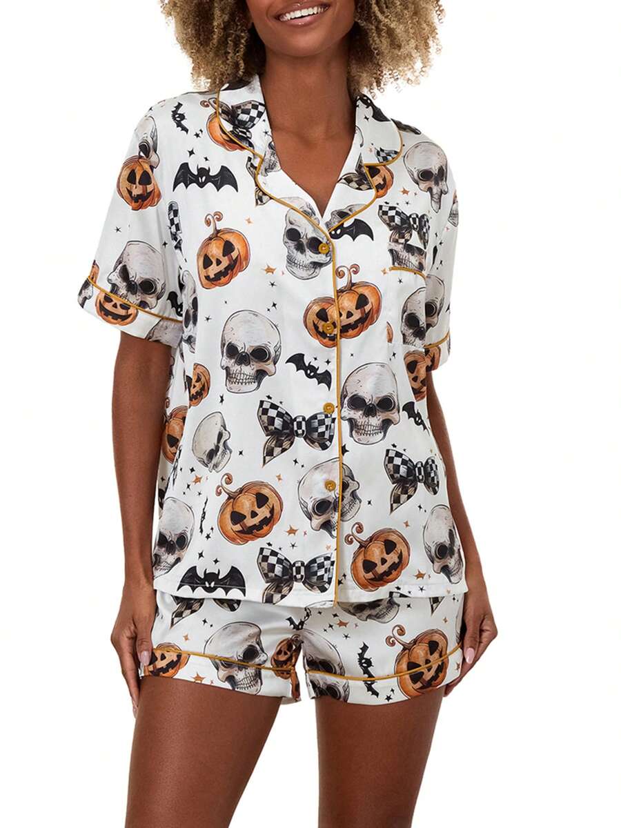 Women's Holiday Pajamas Set Cute Santa Claus/Pumpkin Print Short Sleeve Lapel Button Tops Shorts Loungewear For Christmas/Halloween - 銀色 - 查看 1