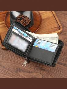 1 件男士钱包 PU 皮革长/短款时尚百搭经典海外跨境拉链扣钱包卡夹新款商务男士短款钱包多功能时尚全材质男士多槽零钱包创意时尚压花横向设计，适合青少年夏季休闲户外运动或度假旅行或毕业礼物或生日礼服配饰