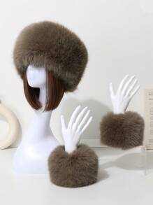 1set Faux Fur Fox Hair Elastic Headband & Wrist Band, Mongolian Style Ladies Hair Accessory Set