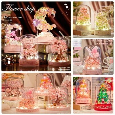 Christmas Decoration 1pc New Pink Love Series Preserved Flower Building Block Decor, Rotating Music Love Rose Assemble Building Block Decoration Set, Home Decor Craft Birthday Gift Music Box, Valentine's Day, Mother's Day, Christmas, Birthday Gift Selection