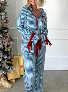 Womens Striped Christmas Pajama Set Satin Tie Up Knot Puff Long Sleeve Button-Up V-Neck Cropped Shirt + Drawstring Waist Long Pants 2 Piece Sleepwear Xmas Holiday Party Clothes Loungewear Outfit - 藍色 - 查看 2