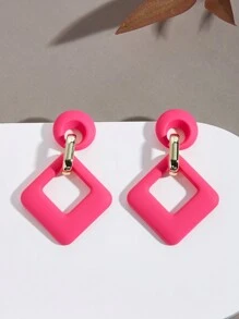 1 Par De Brincos De Fecho Em Forma De Diamante Simples E Fashion Para Mulheres - Rosa Quente - Ver 11