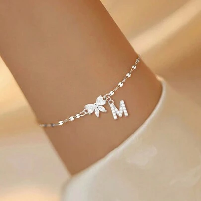 1pc Minimalist Fashion Crystal Bow Letter Stainless Steel Silver Lip Chain Bracelet, For Women