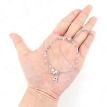 1件简约时尚水晶蝴蝶结字母不锈钢银色唇链手链，女士款 - 款式3 - 查看 3