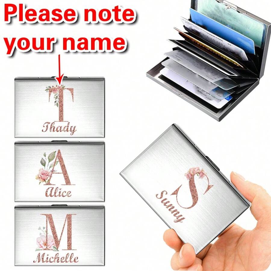 1pc Customized Slim Card Case Personalized Custom Name Rose Gold Initial Name A To Z Pattern Wallet ID Bank Credit Card Holder Minimalist Thin Aluminium Metal Wallets Bank Card Box Personal Tailor RFID Women Purse Men Metal Card Holders Organizer Valentines,Purses And Bags Women - Silver - View 1