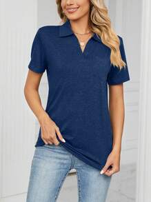 Summer Navy Blue Solid Polo Neck Short Sleeve Shirts For Women, V-Neck Curved Hem Casual Blouse With Chest Pocket - 藏蓝色 - 查看 4