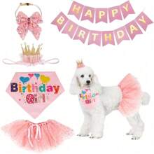 1 Set Of Birthday Dog Party Supplies - Dog Birthday Pet Girl Set Dog Birthday Bandage - Pink Skirt Crown Hat Scarf Happy Birthday Banner (Pink, Large)