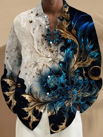 男式加大码复古花卉图案拼色印花纽扣口袋长袖夏威夷衬衫，秋季