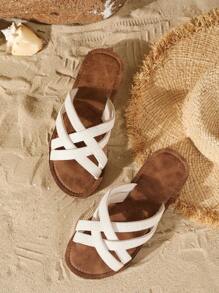 Four Seasons Universal French Romantic Classic Fashion Cross Braided Straps Women's Sandals, Roman Style Simple Atmosphere Comfortable And Breathable Lightweight Open Toe Suitable For Indoor And Outdoor, Beach Vacation Or Daily Wear Beige Round Toe Flat Slippers