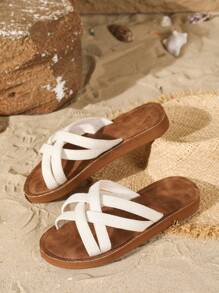 Four Seasons Universal French Romantic Classic Fashion Cross Braided Straps Women's Sandals, Roman Style Simple Atmosphere Comfortable And Breathable Lightweight Open Toe Suitable For Indoor And Outdoor, Beach Vacation Or Daily Wear Beige Round Toe Flat Slippers