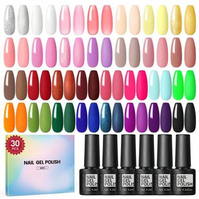 coscelia 30支装可卸荧光美甲凝胶套装，包含红色、黄色、粉色、白色闪粉美甲凝胶，UV凝胶指甲油套装，适合女性在家DIY美甲沙龙，圣诞礼物美甲
