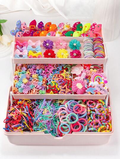 VBOOR 914/879/864/280 件/套 可爱多彩卡通发饰套装，包含卡通发夹、爪夹、BB夹、水钻花朵发夹、各种发圈、发绳、发带 - 适合女孩和女士，日常可爱发型必备 - 女孩发饰，节日、上学、送礼佳品，头部饰品