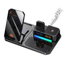 REMAX 升级版无线快速充电器、桌面配件、适用于多设备的无线快速充电女士手表/男士手表/手机/耳机/耳塞/、带无线扬声器、可调节高度的手机支架、可调节的 RGB 环境光、电子时钟、黑色/白色、办公桌面 Nan